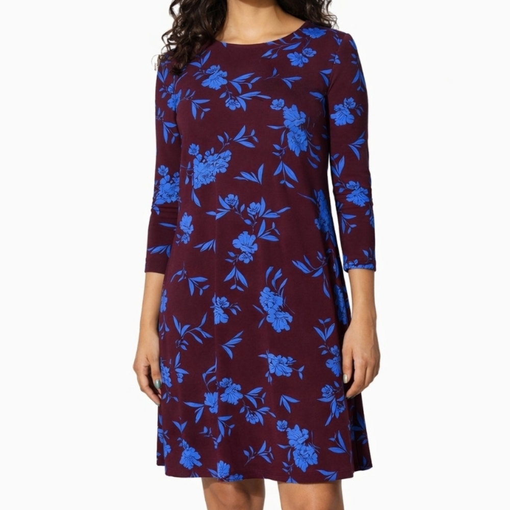 Lauren Ralph Lauren Dark Floral Lonh Sleeve Swing‎ Dress Size 12 Knee Length